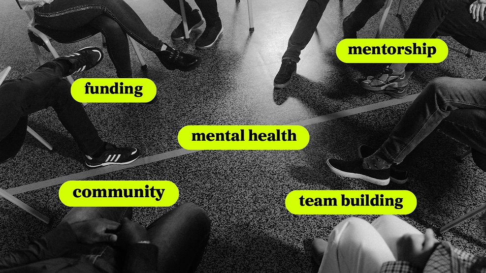 photo of a gathering of people in black and white in a circle with words: funding, mental health, community, team building, and mentoring