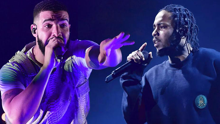 artistic authenticity Photo of music artists - Drake and Kendrick Lamar - standing together, representing contemporary hip-hop, created by Archtoculture design studio.