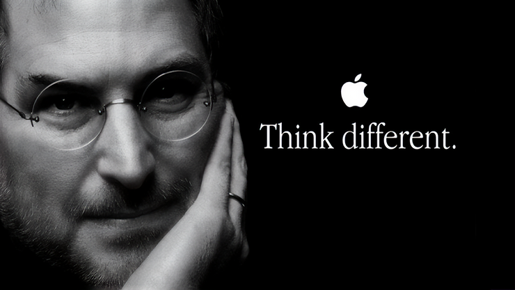 photo of steve jobs with an apple logo and the slogan think different