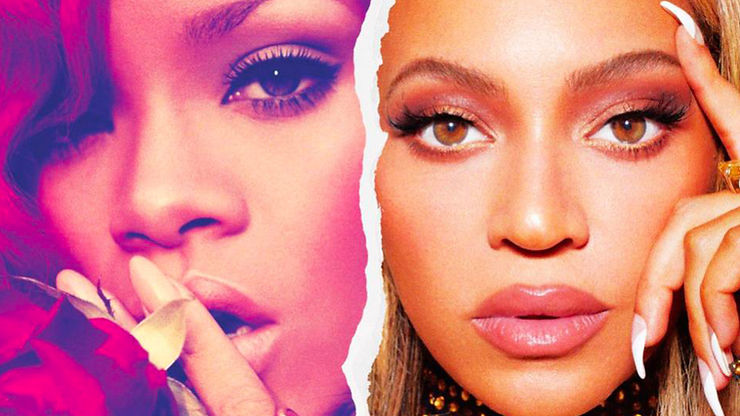 Two prominent music artists - Beyoncé, Rihanna - posing together, representing contemporary R&B culture, created by Archtoculture design studio.