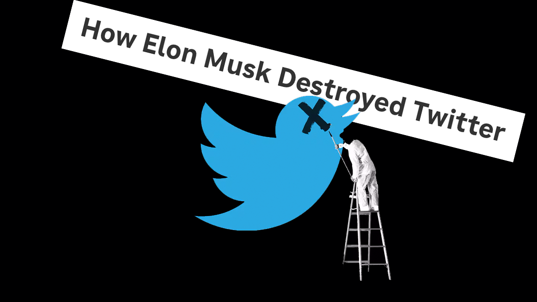 twitter logo with an X painted over the eyes and a sign in the background "how elon musk destroyed twitter"