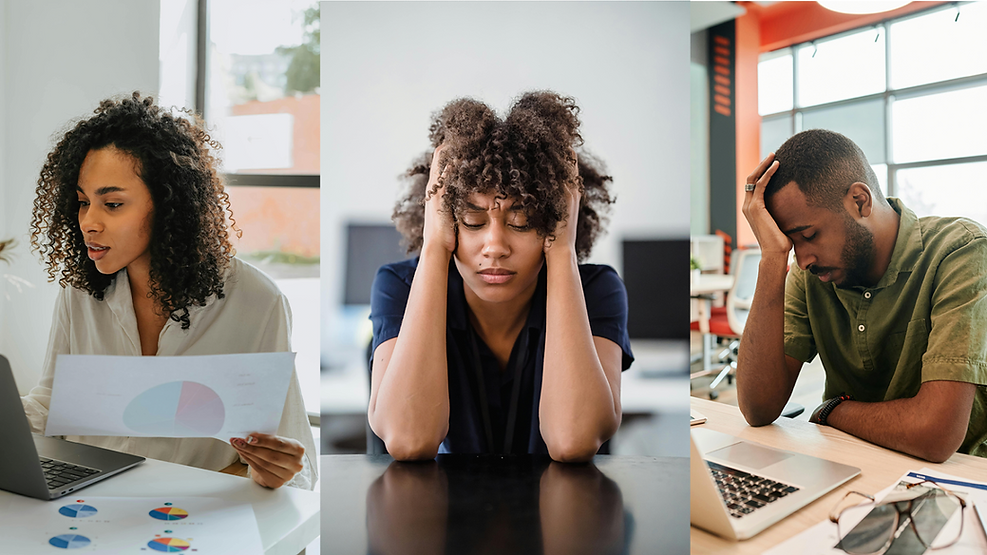 Overcoming Perfectionism 3 photos of minority business owners working. 2 women and one man holding his head