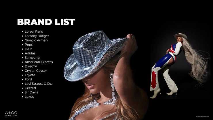 Music artist - Beyoncé  with a brand list created by Archtoculture design studio.