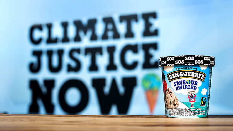 ben and jerrys ice cream photo with climate justice now in the background