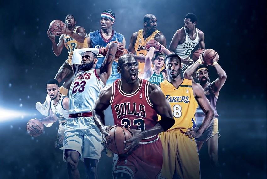 A dynamic collage of legendary basketball players in action poses, showcasing iconic jerseys from teams like the Bulls and Lakers.
