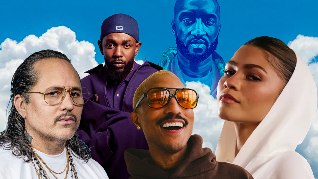 A group of five diverse individuals stands against a bright, blue sky with fluffy white clouds. Each person has a unique style, featuring various fashion elements such as layered jewelry, hooded sweatshirts, and casual streetwear. The arrangement and attire suggest a creative, modern vibe.
