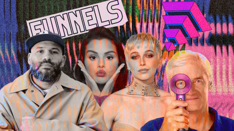 A vibrant collage of four people in front of a colorful distorted background. From left to right: a bearded man in a beige coat and cap, singer Selena Gomez with hands framing her face, a person with short blonde hair wearing a metallic choker, and inventor James Dyson holding a bladeless fan to his eye. The word “FUNNELS” and pink 3D arrows float above.