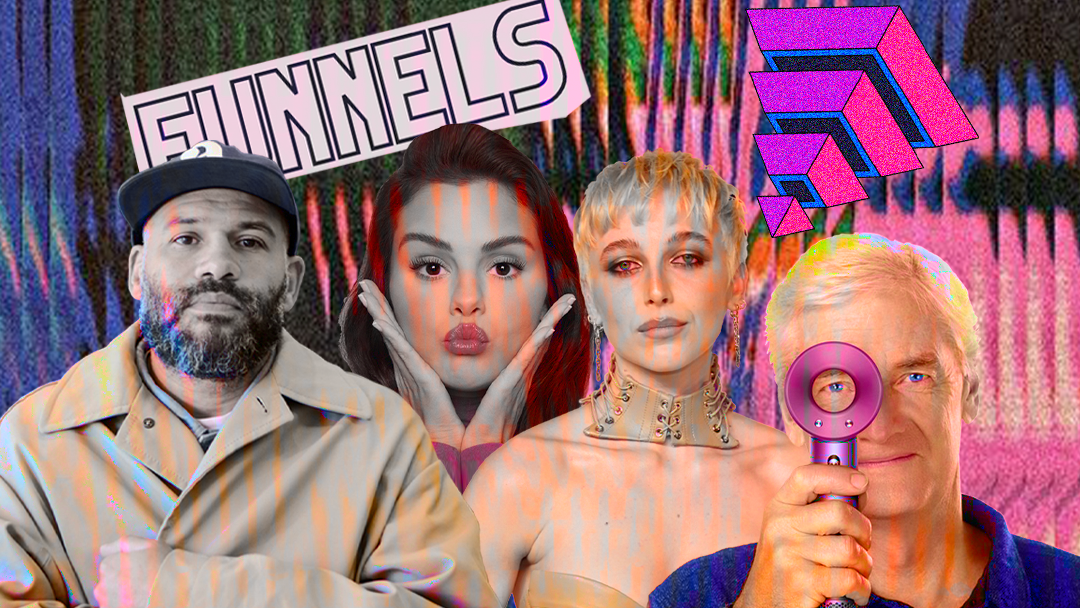 A vibrant collage of four people in front of a colorful distorted background. From left to right: a bearded man in a beige coat and cap, singer Selena Gomez with hands framing her face, a person with short blonde hair wearing a metallic choker, and inventor James Dyson holding a bladeless fan to his eye. The word “FUNNELS” and pink 3D arrows float above.