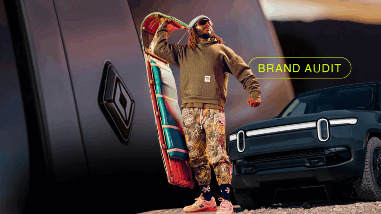 Urban adventurer with a colorful board poses next to a Rivian electric truck and bold Rivian logo, highlighting innovative brand identity and a modern audit concept.