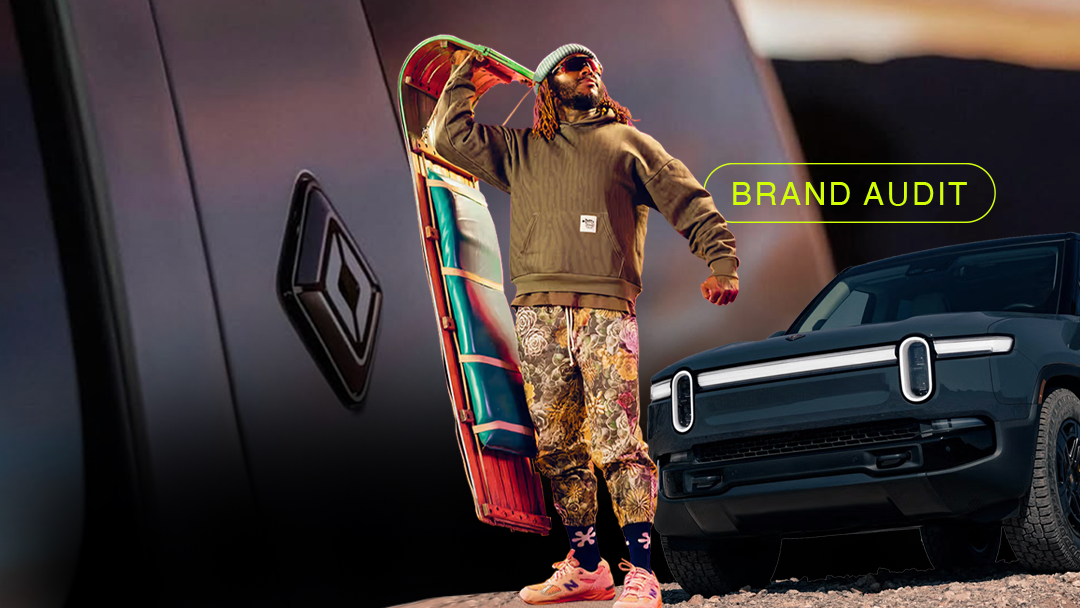 Urban adventurer with a colorful board poses next to a Rivian electric truck and bold Rivian logo, highlighting innovative brand identity and a modern audit concept.