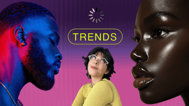 Diverse, authentic portraits of three individuals on a vibrant purple-to-pink gradient background with the word "TRENDS" and a loading symbol, spotlighting authenticity in branding.