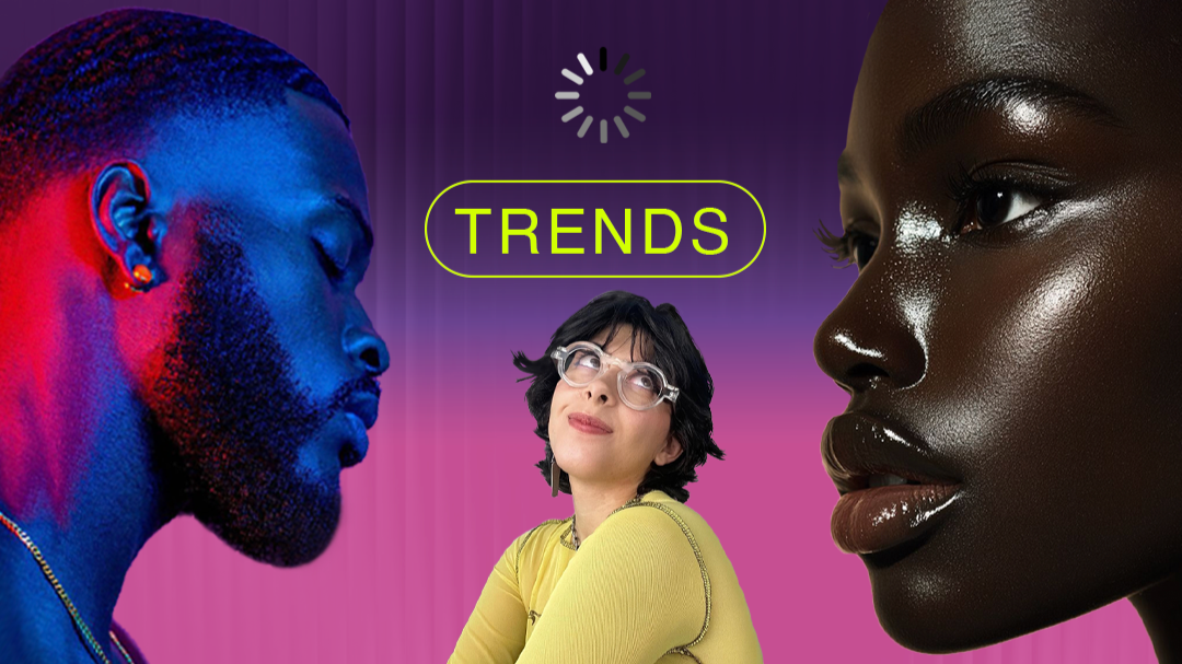 Diverse, authentic portraits of three individuals on a vibrant purple-to-pink gradient background with the word "TRENDS" and a loading symbol, spotlighting authenticity in branding.
