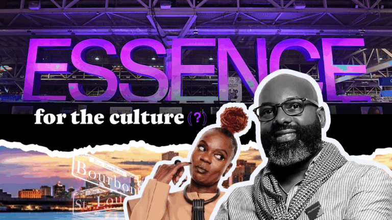 ESSENCE event banner with the text 'for the culture (?)' featuring a thoughtful woman and a smiling man in front of a city skyline at sunset, Bourbon Street signs overlaid; visually representing a brand crisis affecting culture, consumer trust, and community engagement.