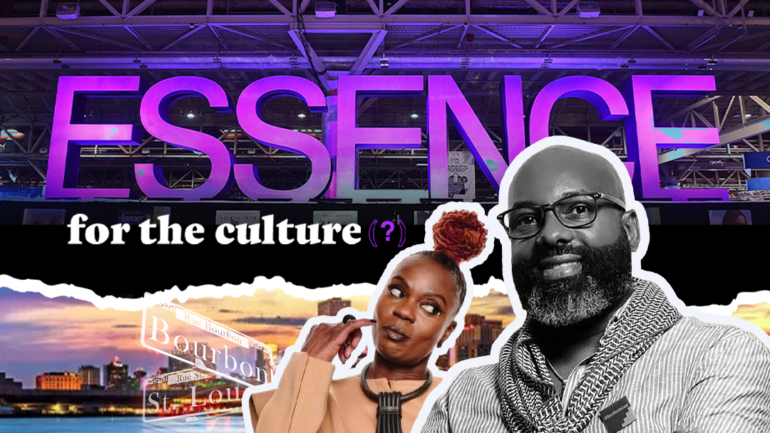 ESSENCE event banner with the text 'for the culture (?)' featuring a thoughtful woman and a smiling man in front of a city skyline at sunset, Bourbon Street signs overlaid; visually representing a brand crisis affecting culture, consumer trust, and community engagement.