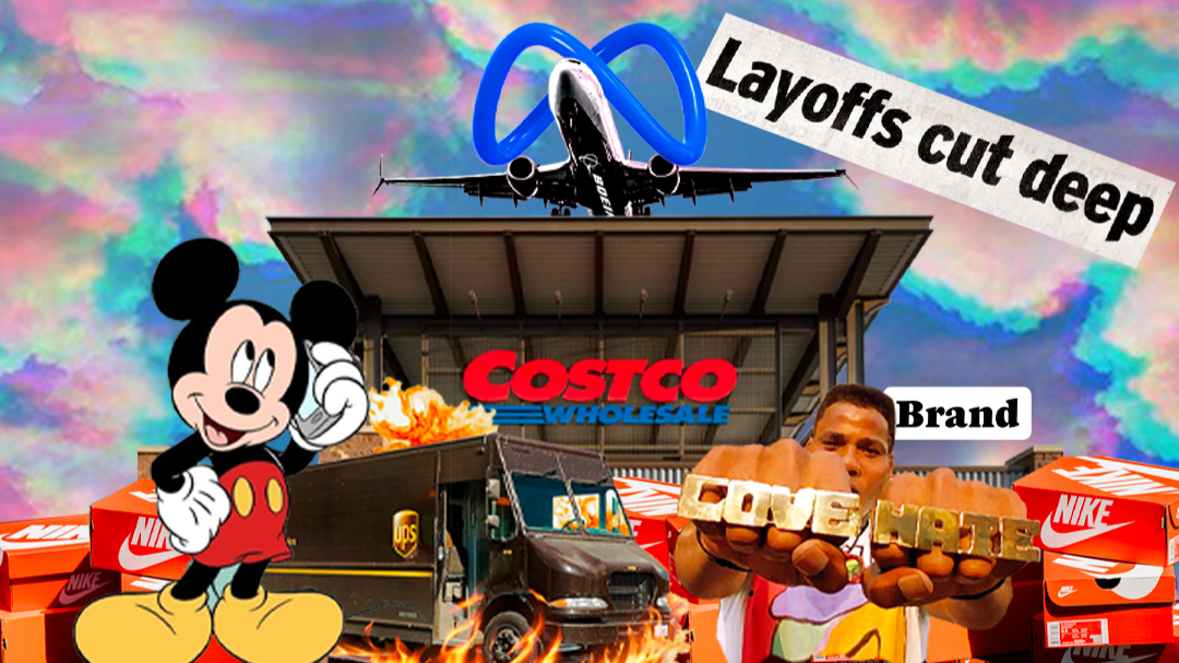 Collage of brands like Boeing, Meta, Disney, Nike, and UPS showing layoffs and consumer trust challenges in today’s market.